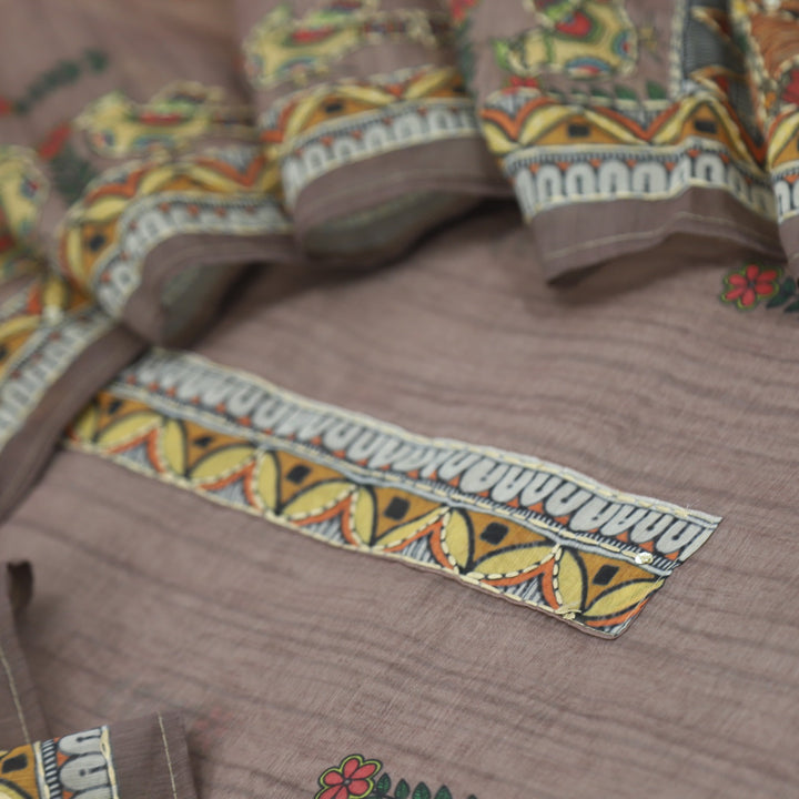 Kohinoor Mauve Taupe Chanderi Top with Kantha Work Dupatta Set