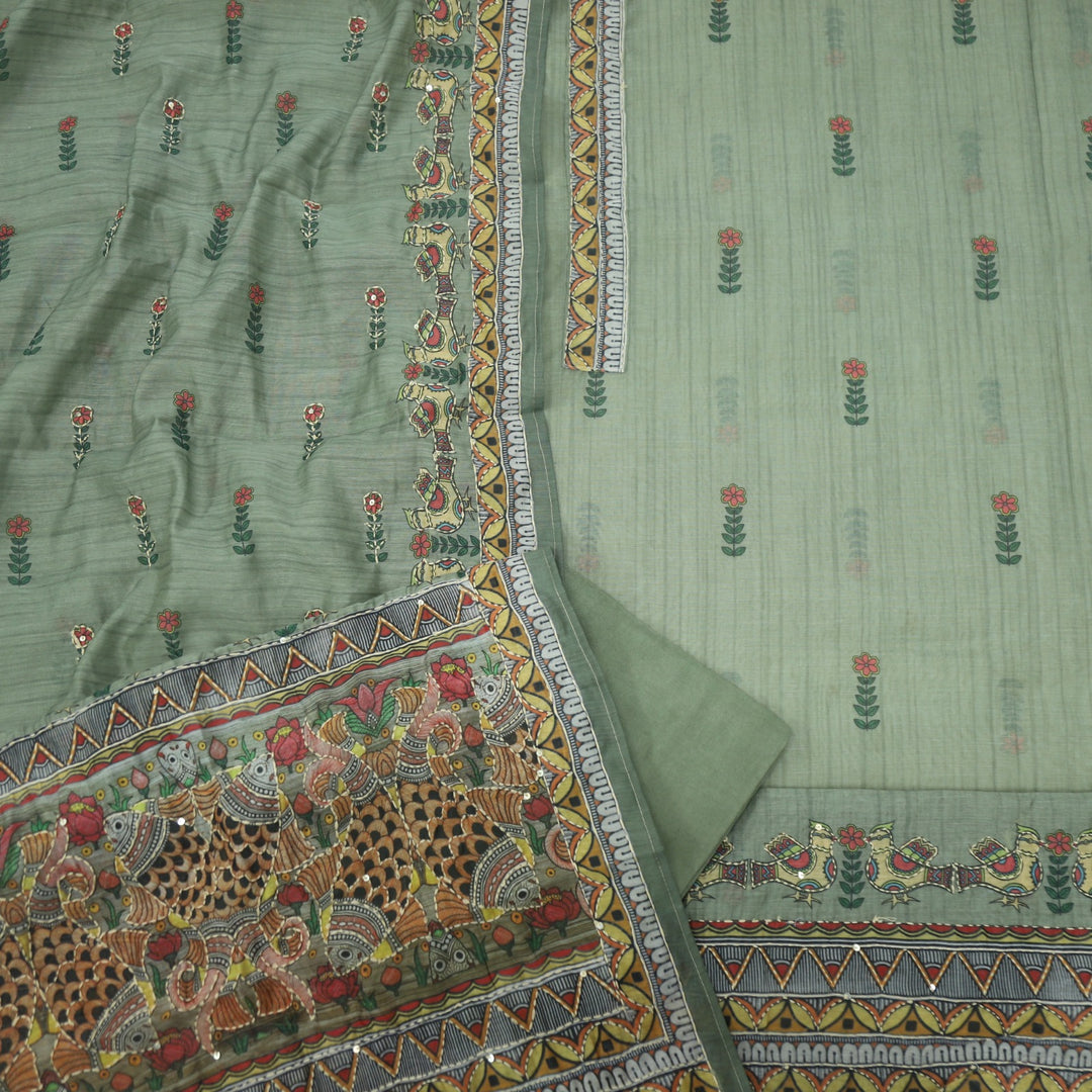 Kohinoor Fern Green Chanderi Top with Kantha Work Dupatta Set