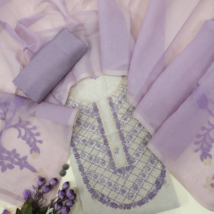 Nayaab Lavender Purple Jamdani Top With Chanderi Dupatta