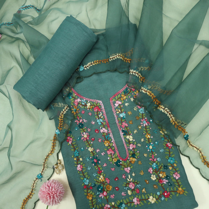 Bayaabaan Jade Green Thread Neck Work Tussar Silk Top with Organza Dupatta