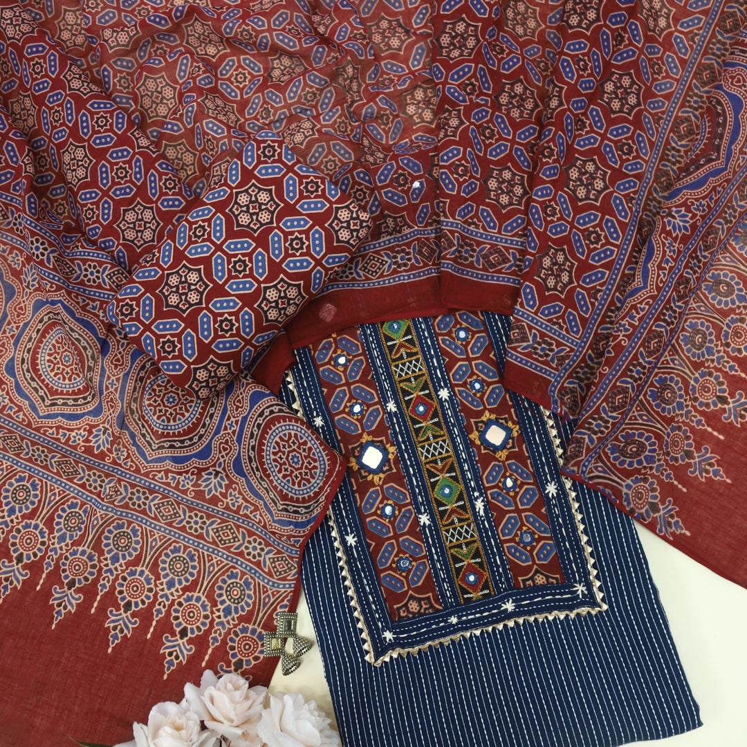 Ruhani Denim Blue Kantha Work Cotton Top with Printed Dupatta