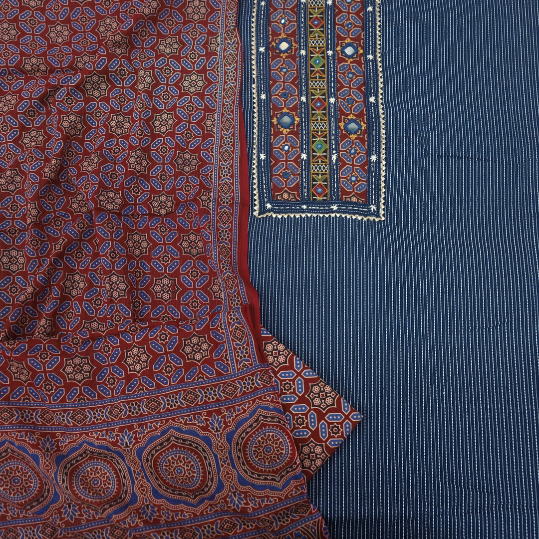 Ruhani Denim Blue Kantha Work Cotton Top with Printed Dupatta