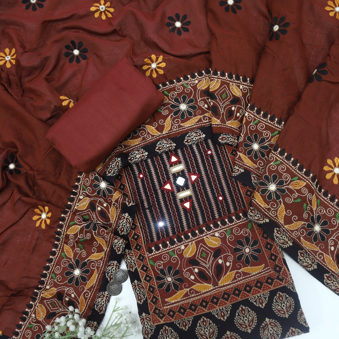 Khairiyat Crow Black Kutch Work Cotton Top With Cotton Dupatta
