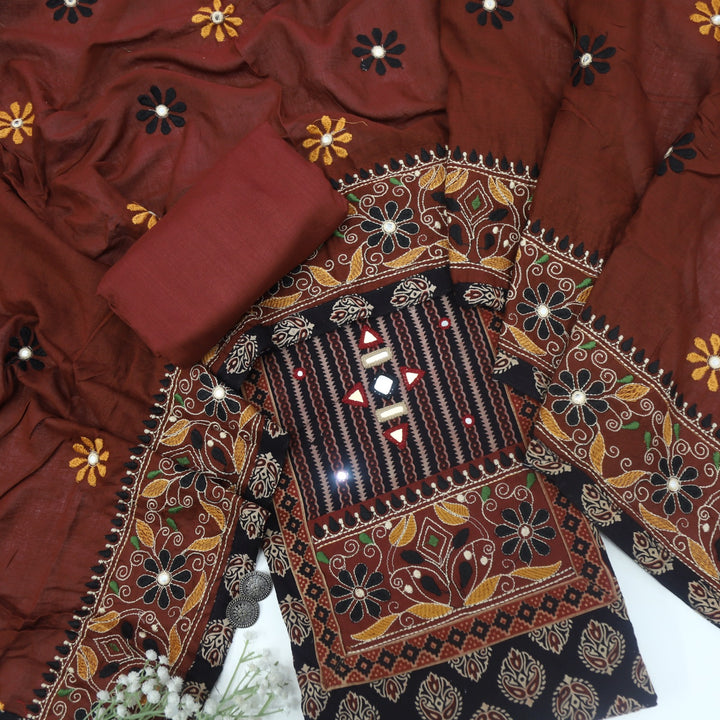 Khairiyat Crow Black Kutch Work Cotton Top With Cotton Dupatta