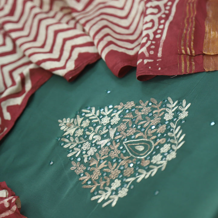 Ranjish Tiffany Blue Jam Cotton Satin Top With Gajji Silk Dupatta