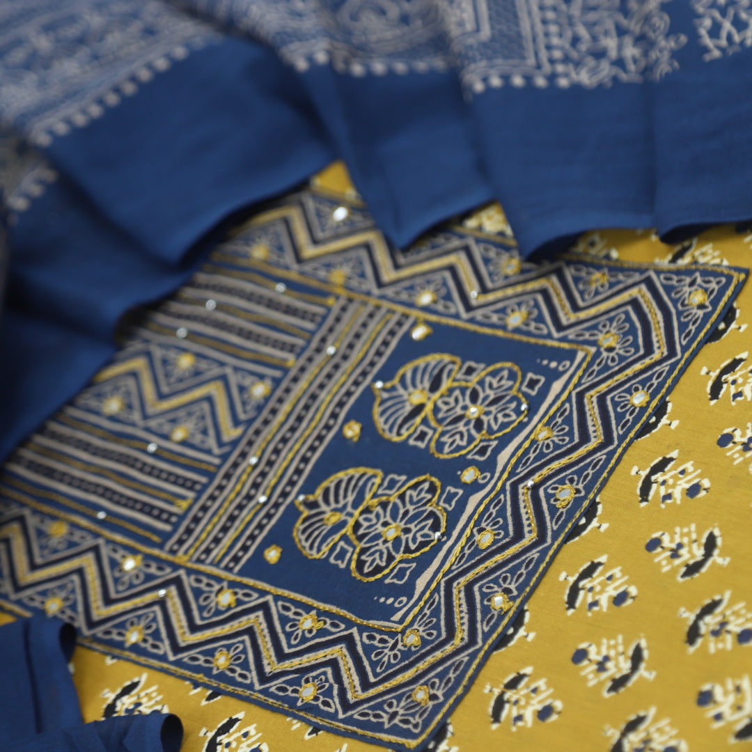 Anokhi Golden Yellow Ajrak Printed Cotton Top with Printed Dupatta