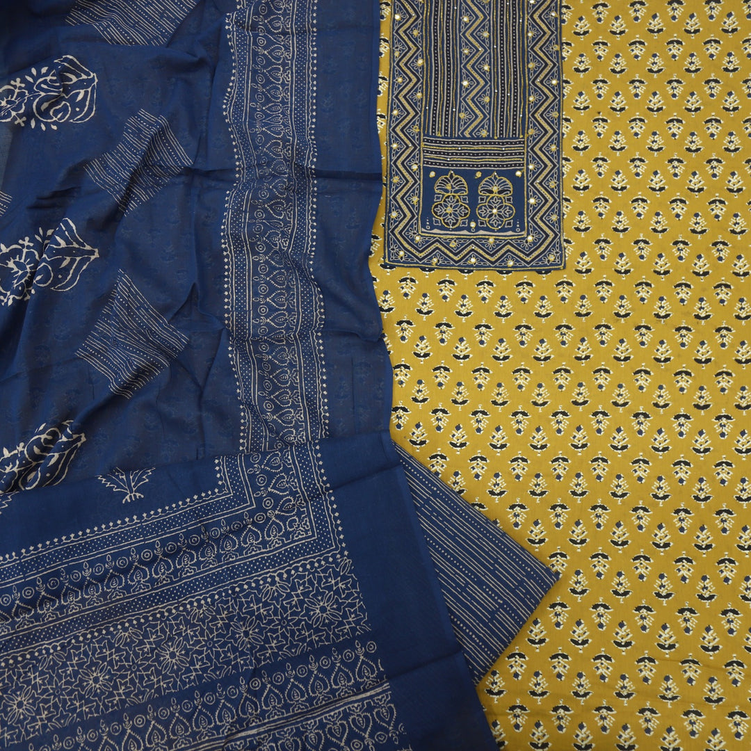 Anokhi Golden Yellow Ajrak Printed Cotton Top with Printed Dupatta