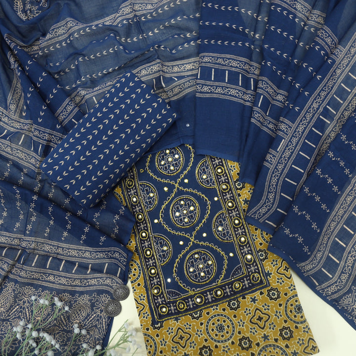 Anokhi Mustard Yellow Ajrak Cotton Top with Printed Dupatta