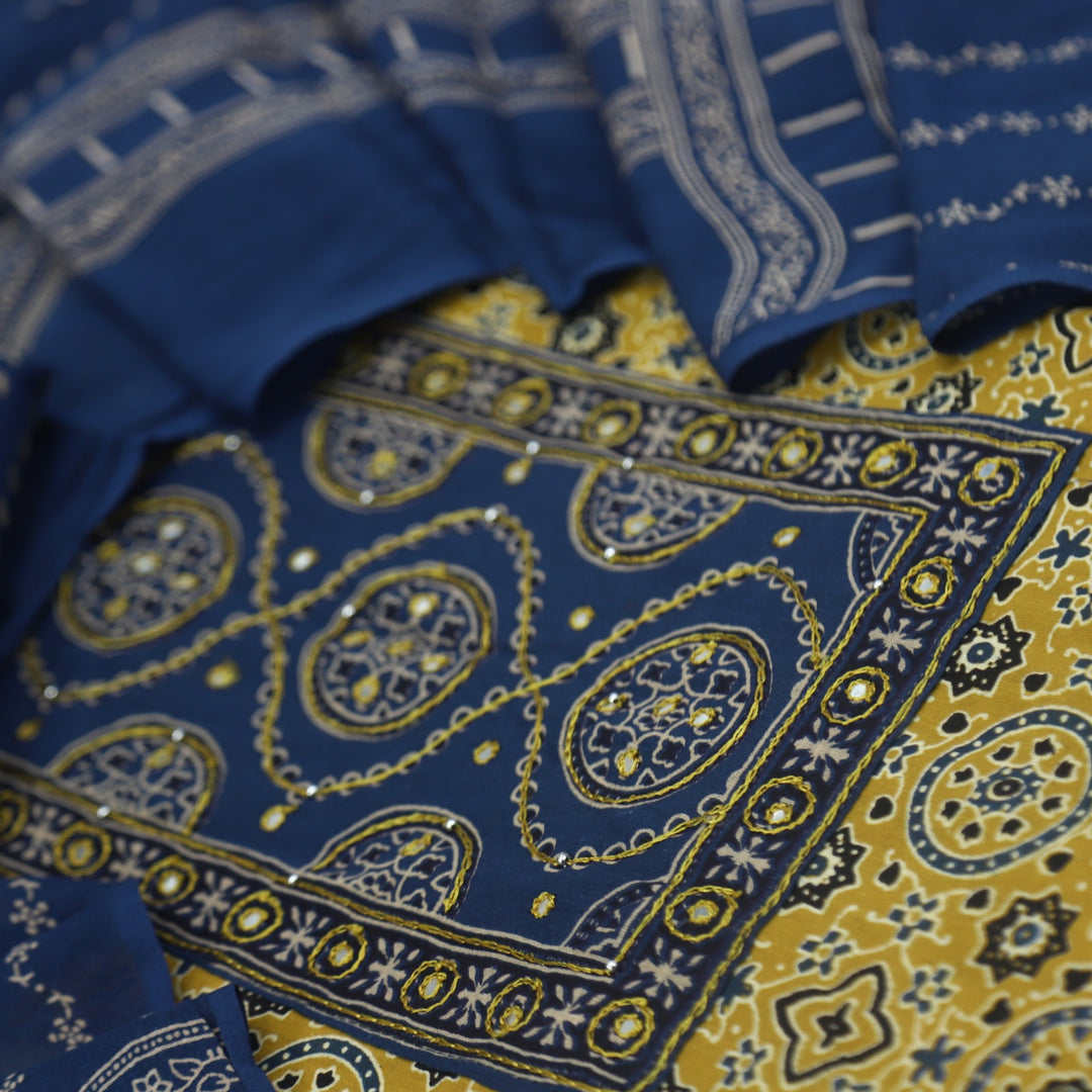 Anokhi Mustard Yellow Ajrak Cotton Top with Printed Dupatta