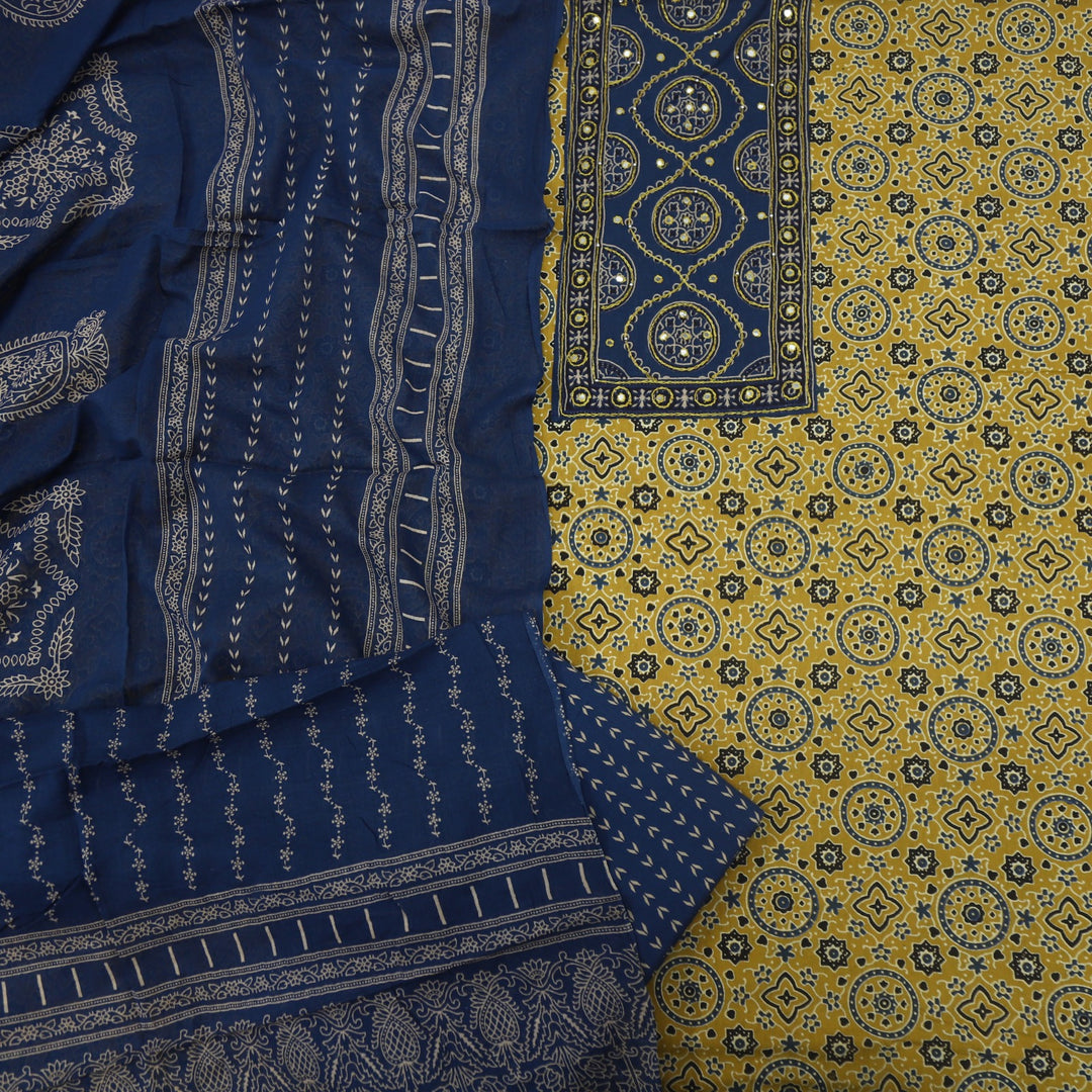 Anokhi Mustard Yellow Ajrak Cotton Top with Printed Dupatta