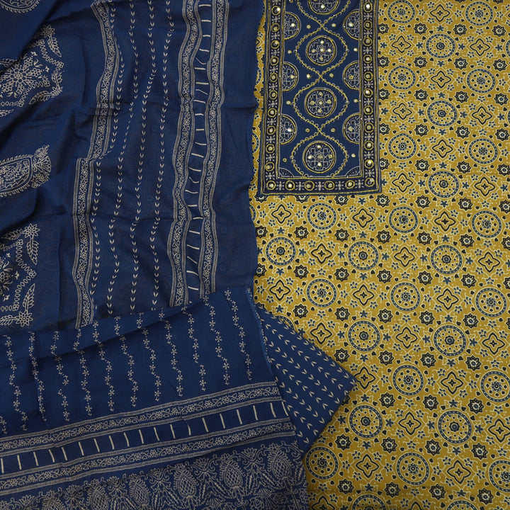 Anokhi Mustard Yellow Ajrak Cotton Top with Printed Dupatta