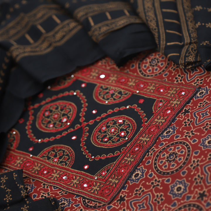 Anokhi Falu Red Ajrak Cotton Top with Printed Dupatta