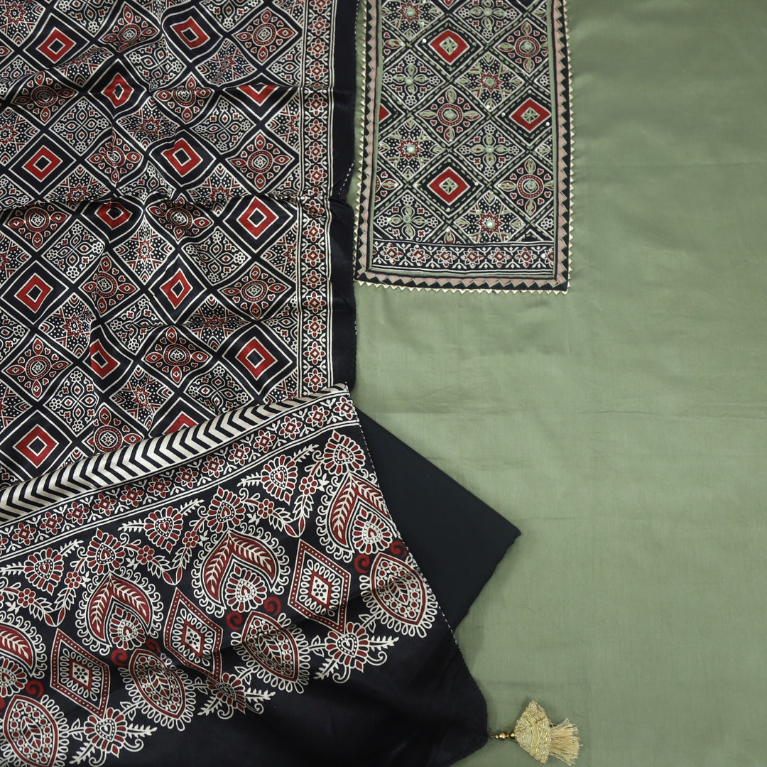 Anokhi Jungle Green Glazed Cotton Top and Digital Printed Mashru Dupatta