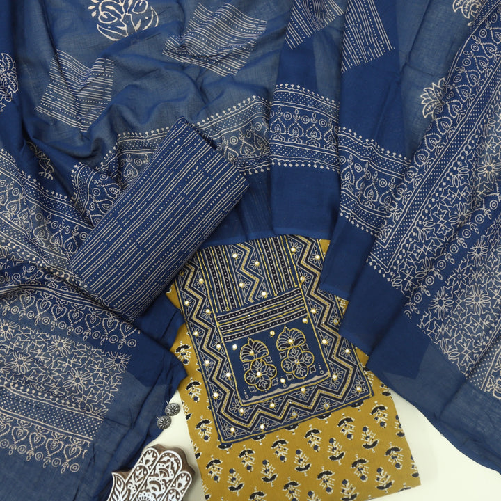 Anokhi Golden Yellow Ajrak Printed Cotton Top with Printed Dupatta