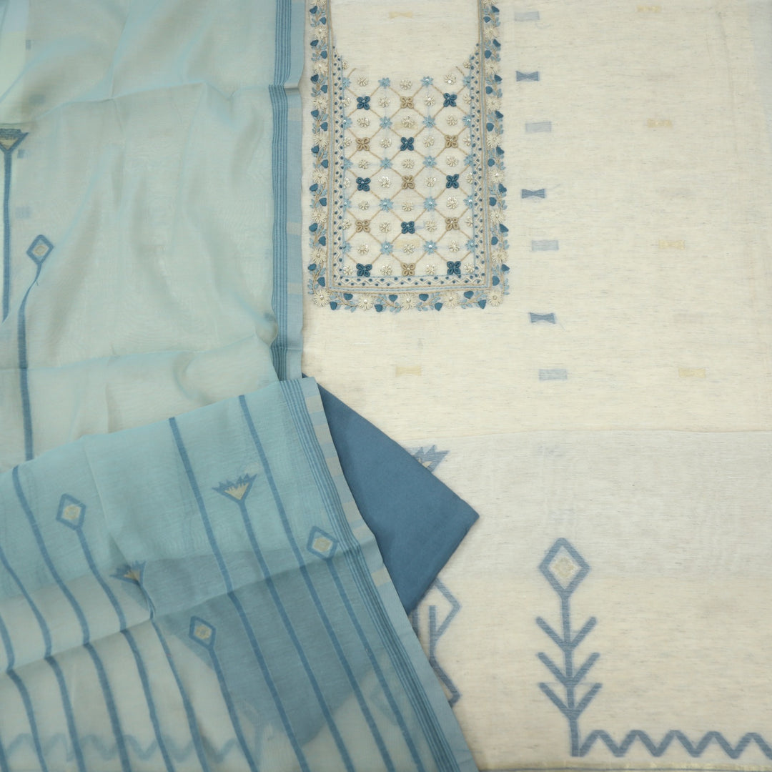 Nayaab Slate Blue Jamdani Top With Chanderi Dupatta