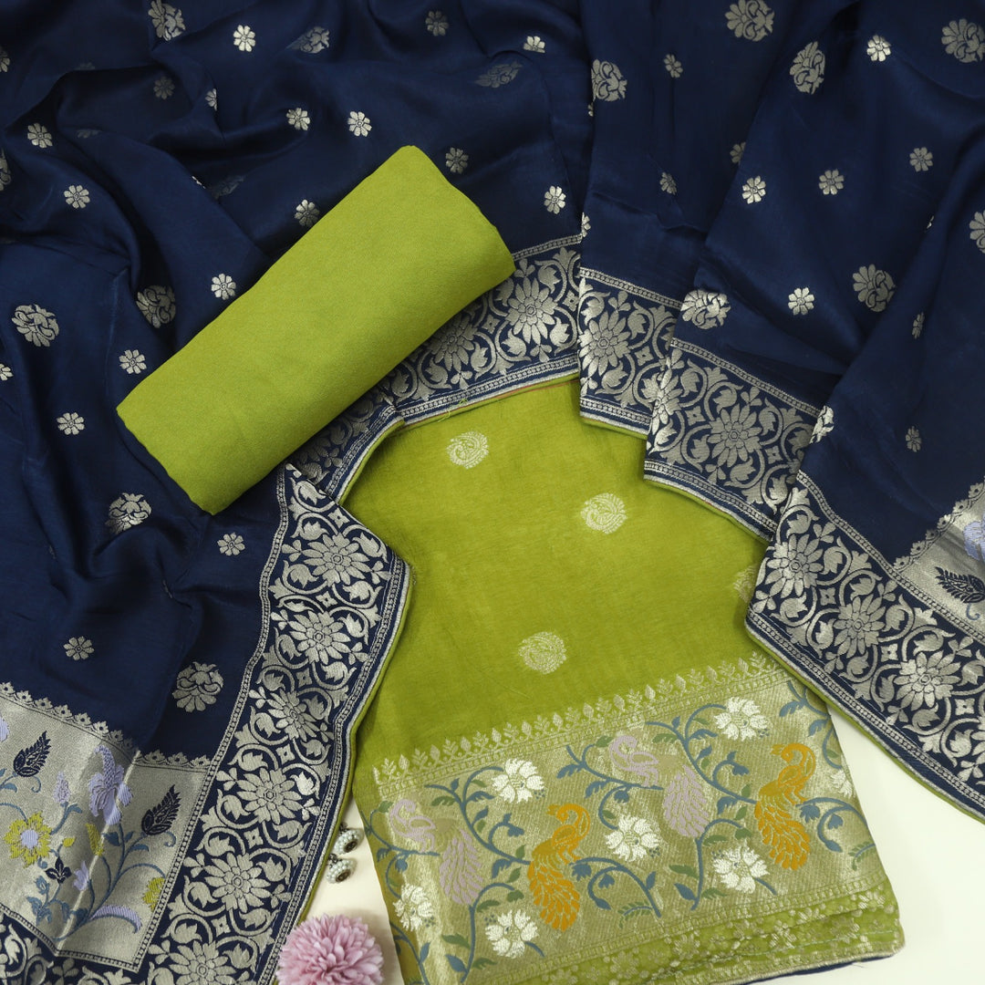 Darmiyan Sheen Green Dola Silk Top with Blue Dola Silk Dupatta D-1