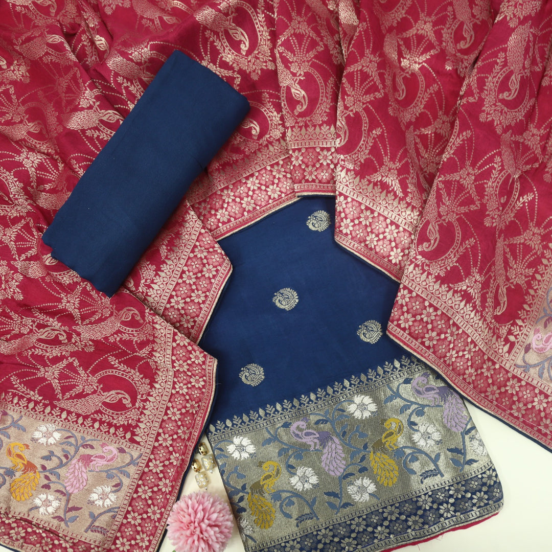Darmiyan Sheen Green Dola Silk Top with Blue Dola Silk Dupatta-D2