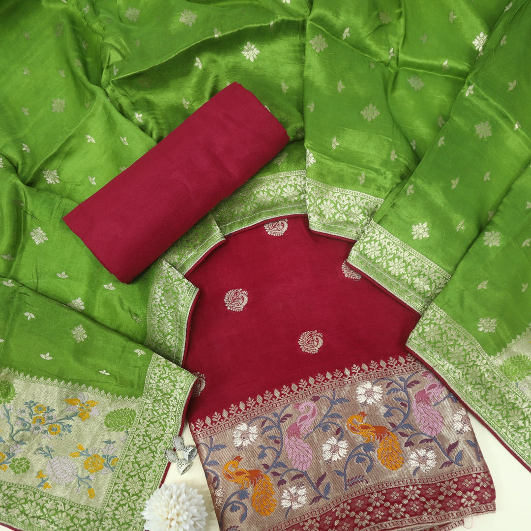 Darmiyan Garnet Red Dola Silk Top with Green Dola Silk Dupatta D-1