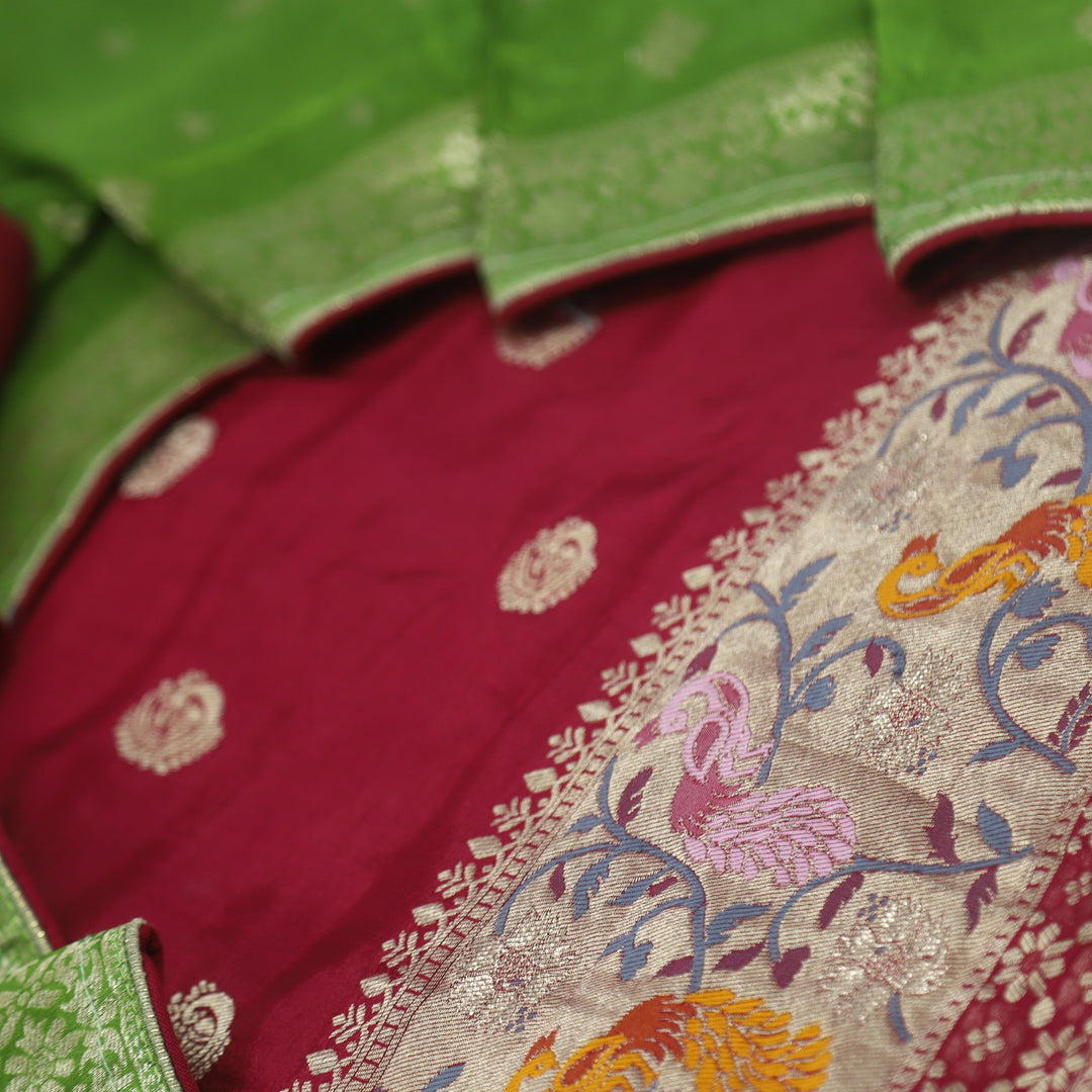 Darmiyan Garnet Red Dola Silk Top with Green Dola Silk Dupatta D-1