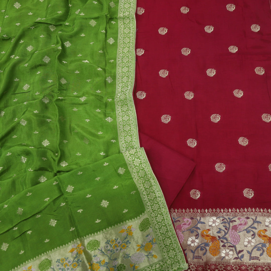 Darmiyan Garnet Red Dola Silk Top with Green Dola Silk Dupatta D-1