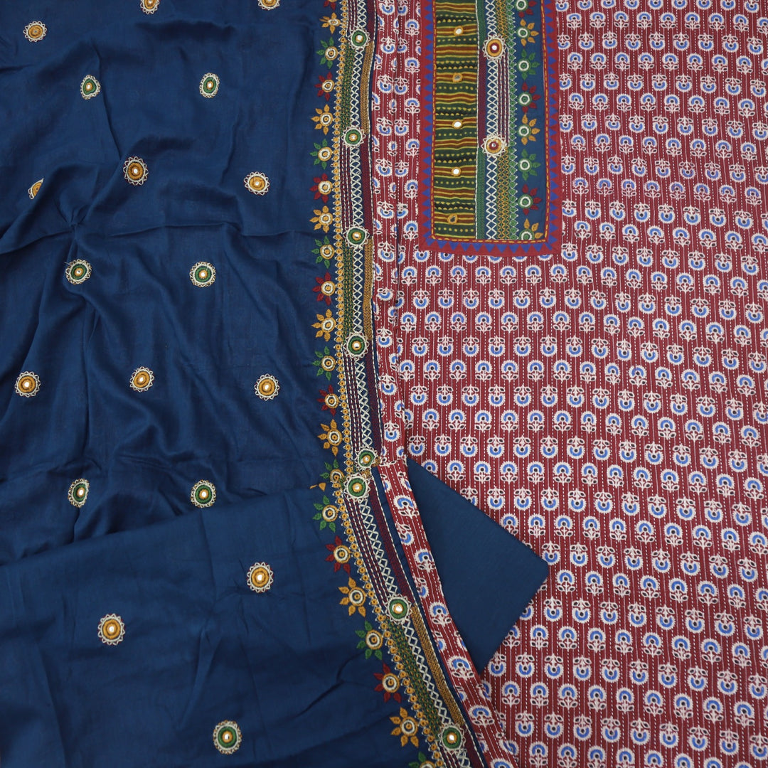 Ruhani Brick Red Ajrak Print Cotton Top With Printed Dupatta