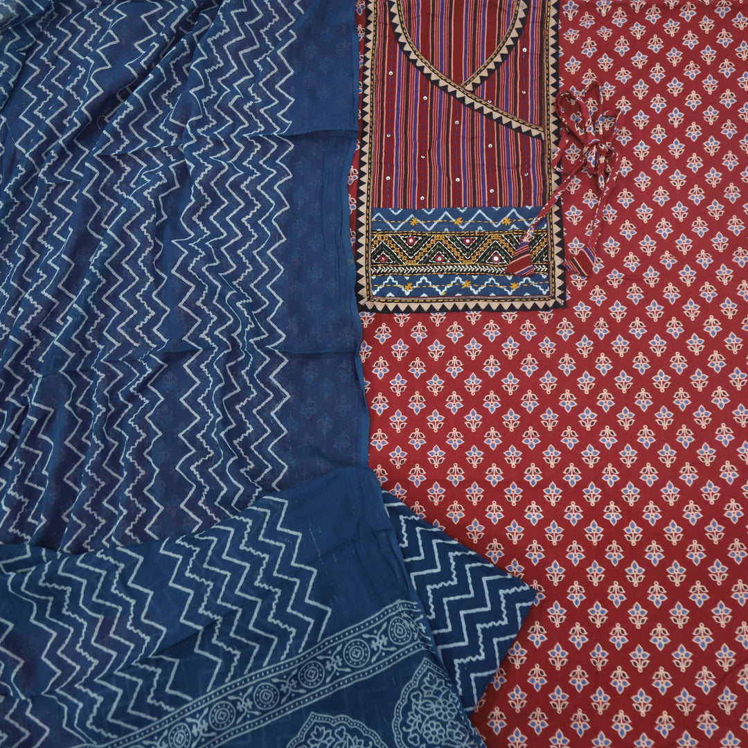 Ruhani Blood Red Angrakha Cotton Top With Cotton Dupatta