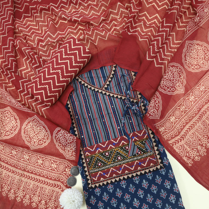 Ruhani Prussian Blue Angrakha Cotton Top With Cotton Dupatta