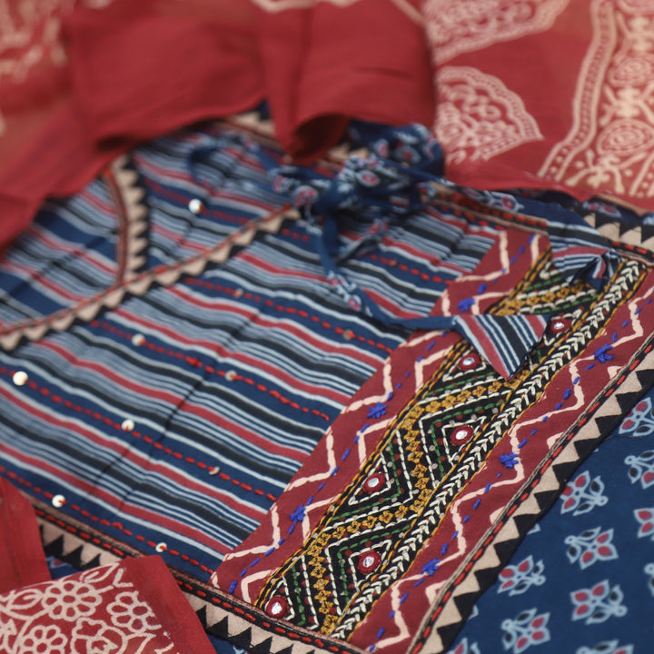 Ruhani Prussian Blue Angrakha Cotton Top With Cotton Dupatta