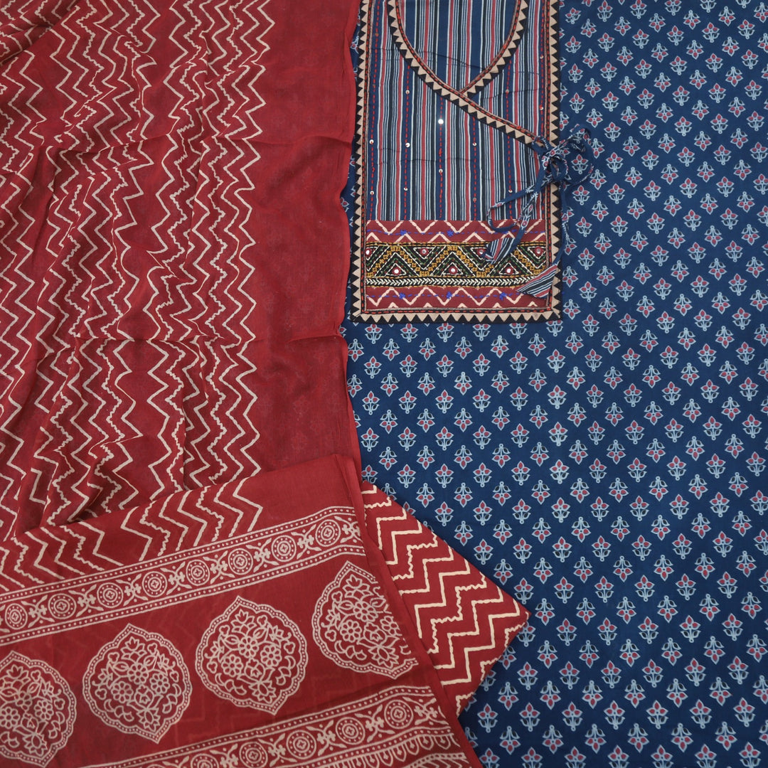 Ruhani Prussian Blue Angrakha Cotton Top With Cotton Dupatta