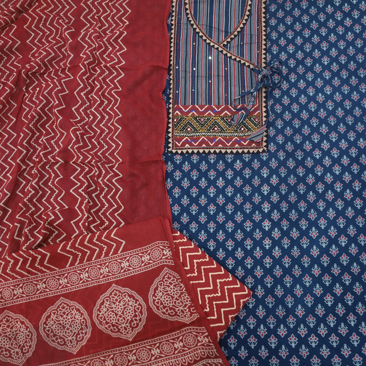 Ruhani Prussian Blue Angrakha Cotton Top With Cotton Dupatta