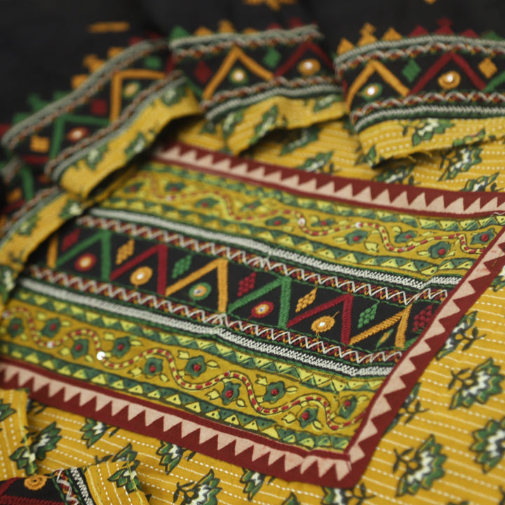 Ruhani Mustard Yellow Ajrak Print Cotton Top With Printed Dupatta