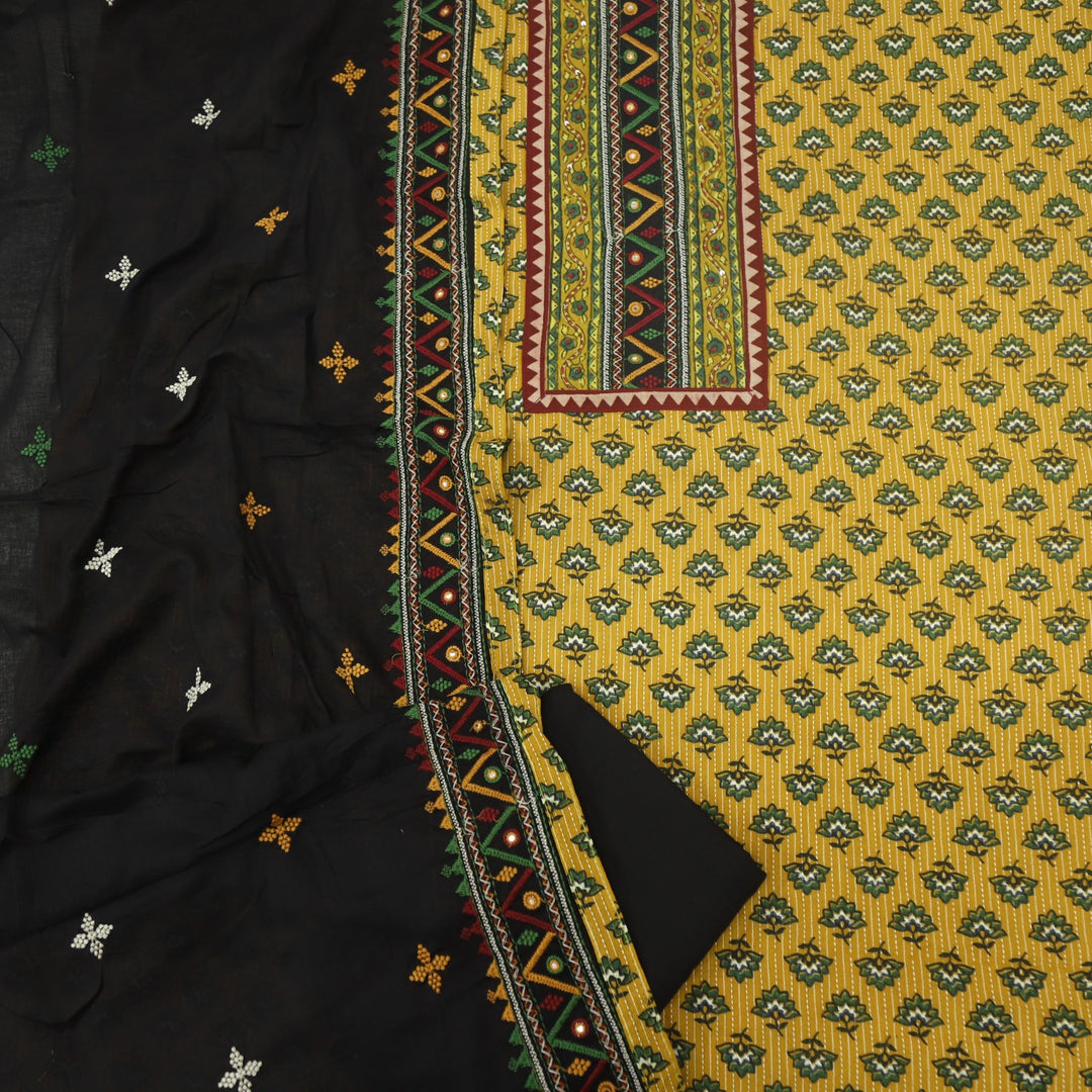 Ruhani Mustard Yellow Ajrak Print Cotton Top With Printed Dupatta