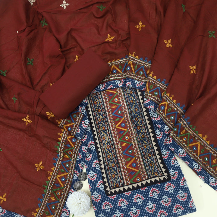 Ruhani Indigo Blue Ajrak Print Cotton Top With Printed Dupatta