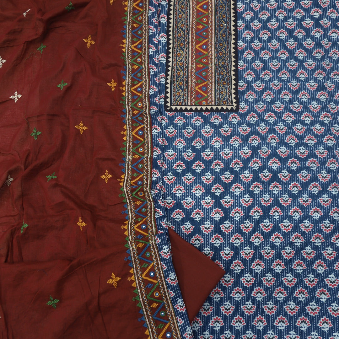 Ruhani Indigo Blue Ajrak Print Cotton Top With Printed Dupatta