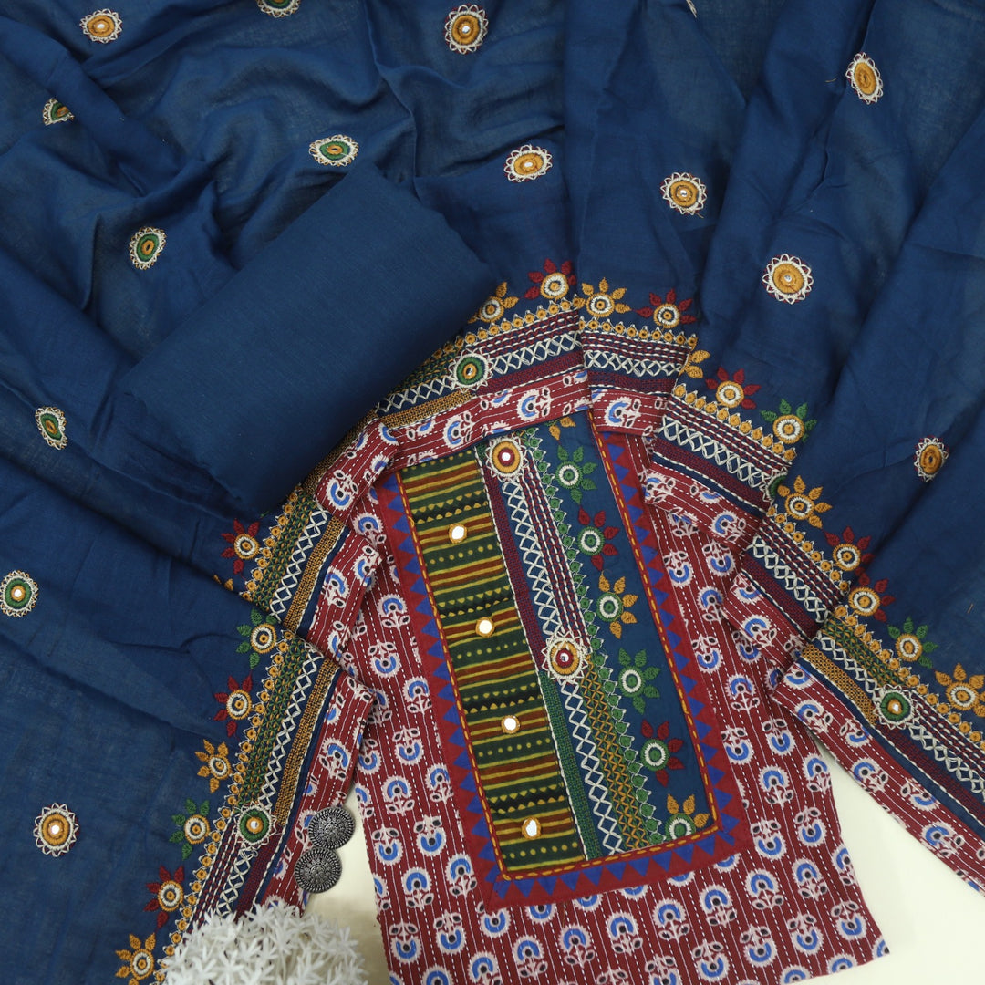 Ruhani Brick Red Ajrak Print Cotton Top With Printed Dupatta