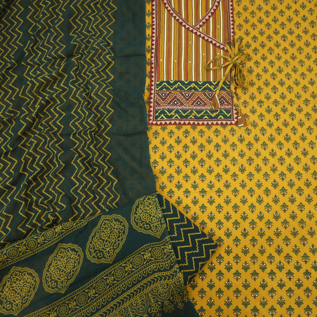 Ruhani Gold Yellow Angrakha Cotton Top With Cotton Dupatta
