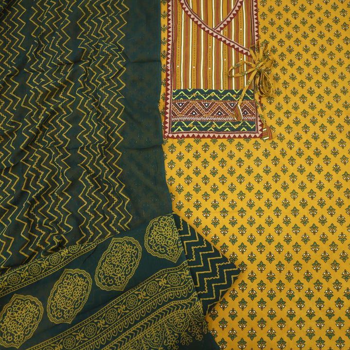 Ruhani Gold Yellow Angrakha Cotton Top With Cotton Dupatta