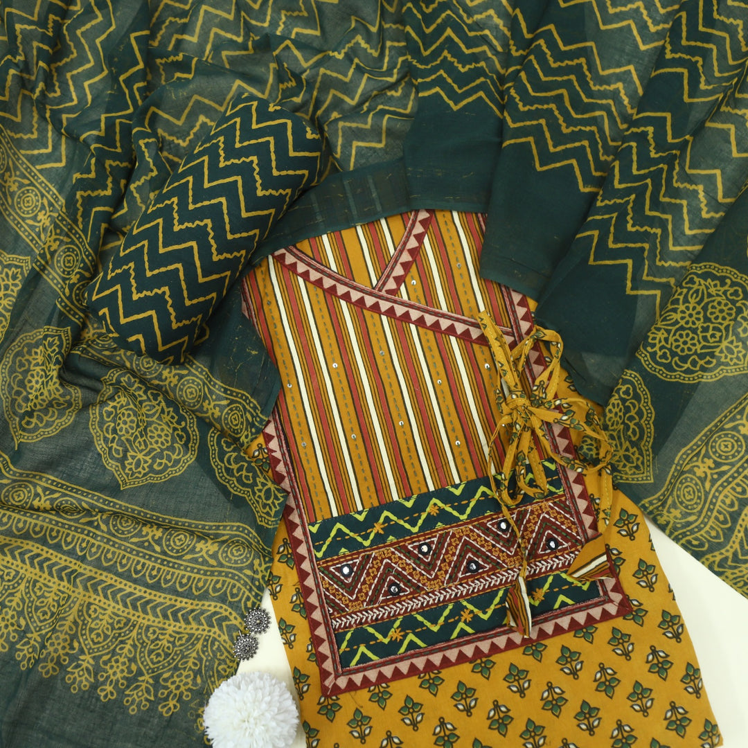 Ruhani Gold Yellow Angrakha Cotton Top With Cotton Dupatta