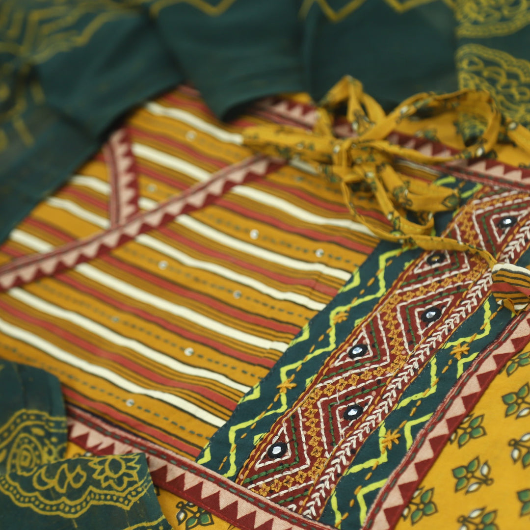 Ruhani Gold Yellow Angrakha Cotton Top With Cotton Dupatta
