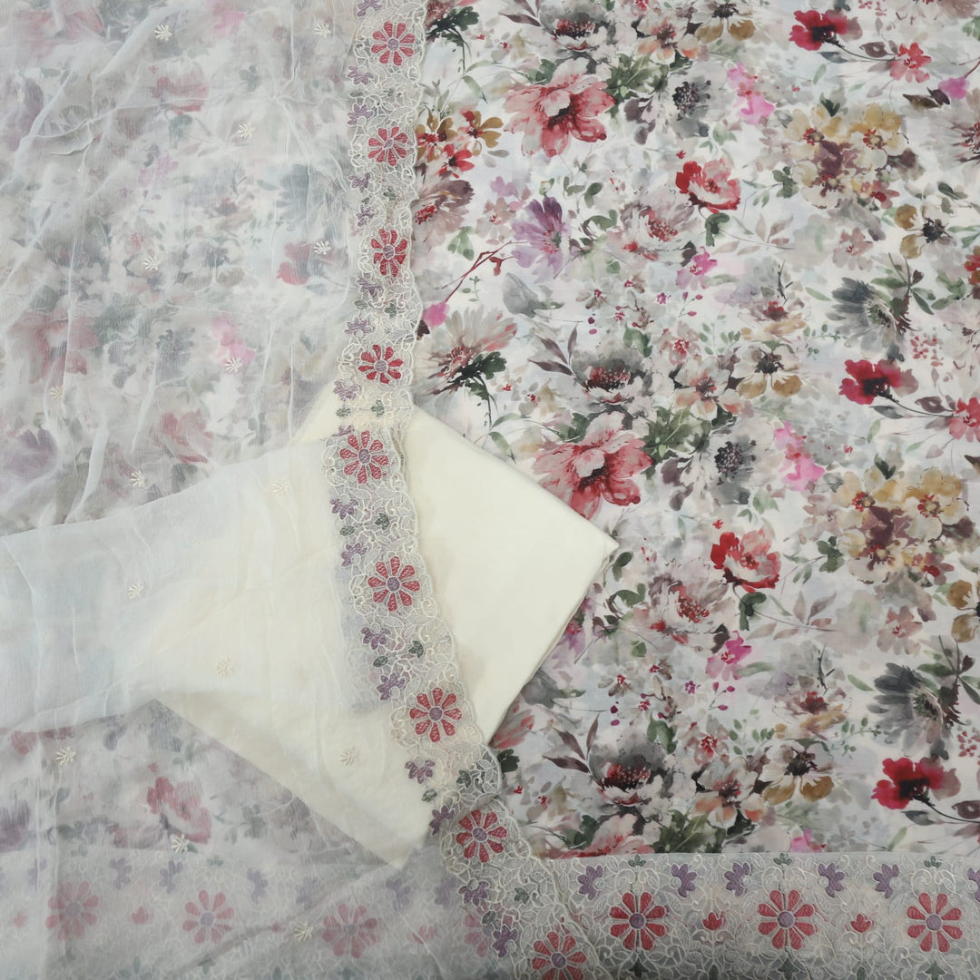 Gulshan Eggshell Cream Printed Muslin Top With Chiffon Dupatta