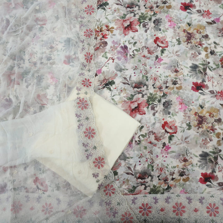 Gulshan Eggshell Cream Printed Muslin Top With Chiffon Dupatta