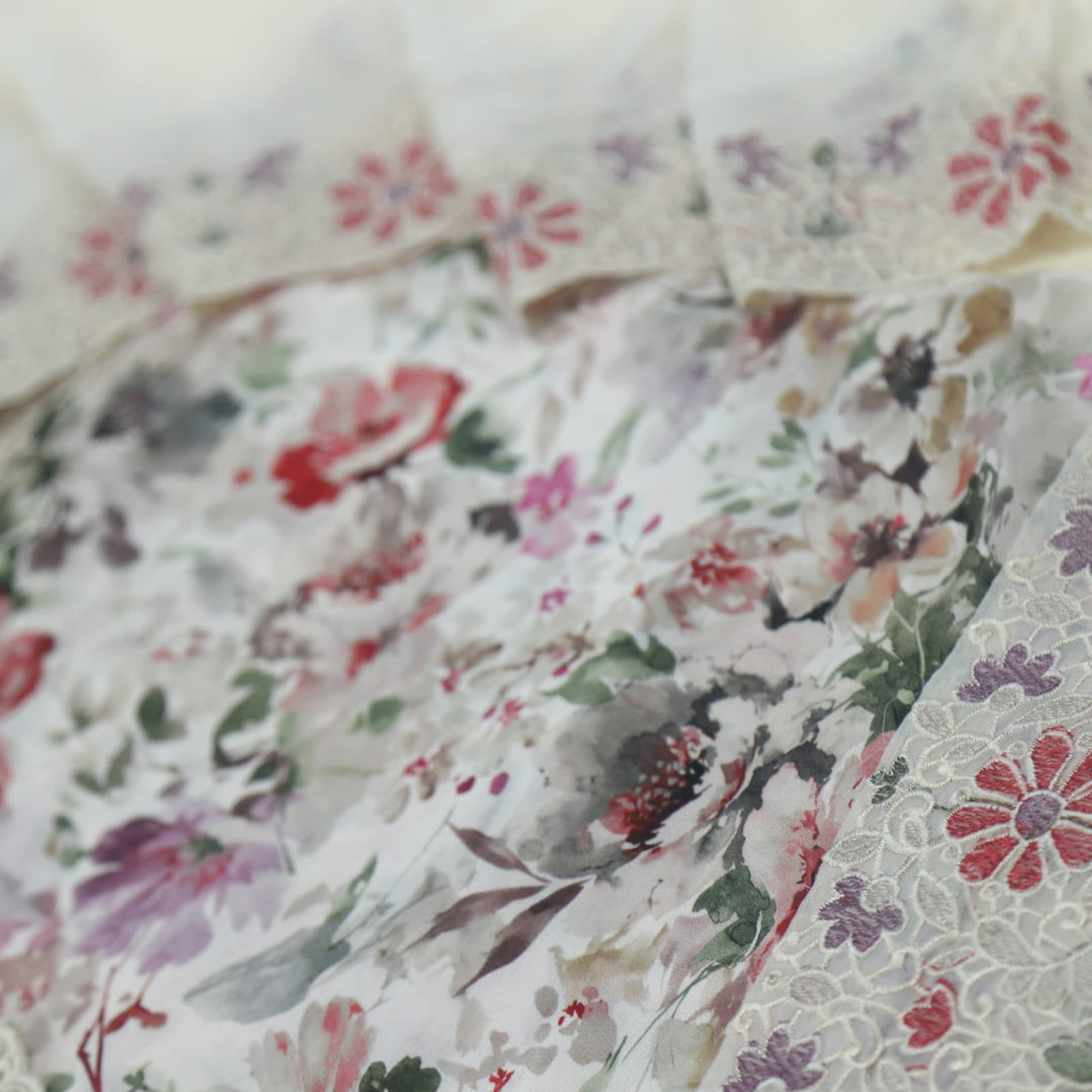 Gulshan Eggshell Cream Printed Muslin Top With Chiffon Dupatta