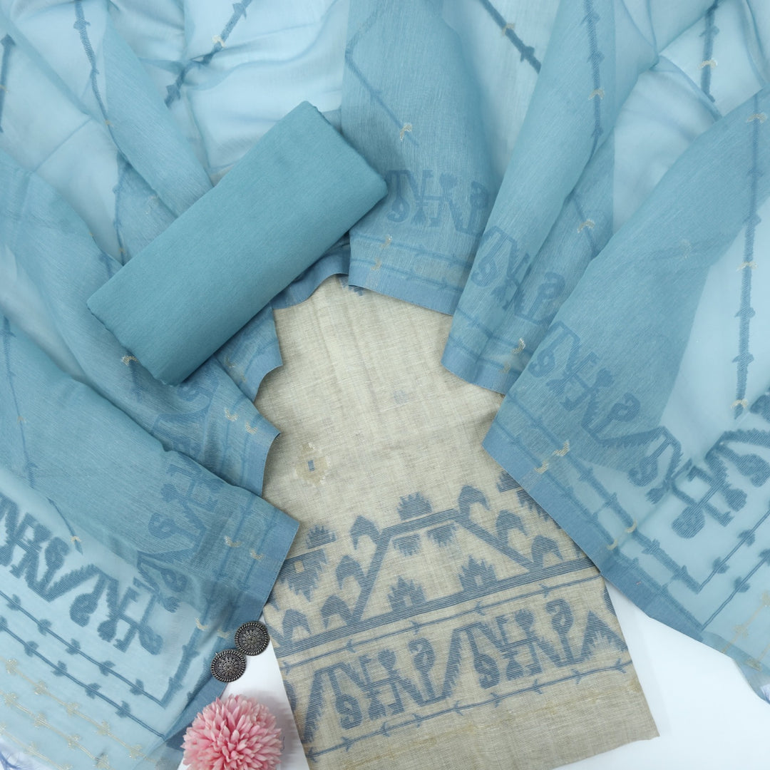 Jannat Maximum Blue Authentic Jamdani Top and Jamdani Dupatta