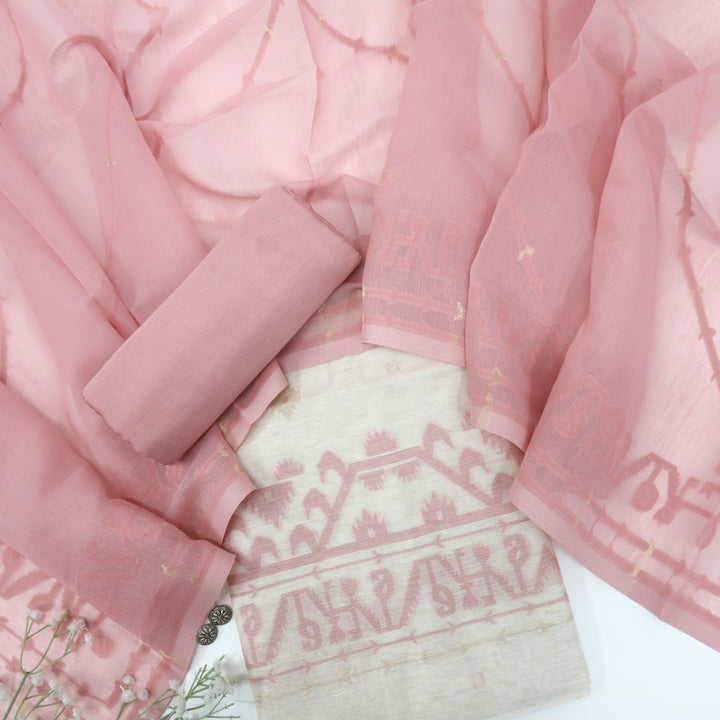 Jannat Peach Pink Authentic Jamdani Top and Jamdani Dupatta