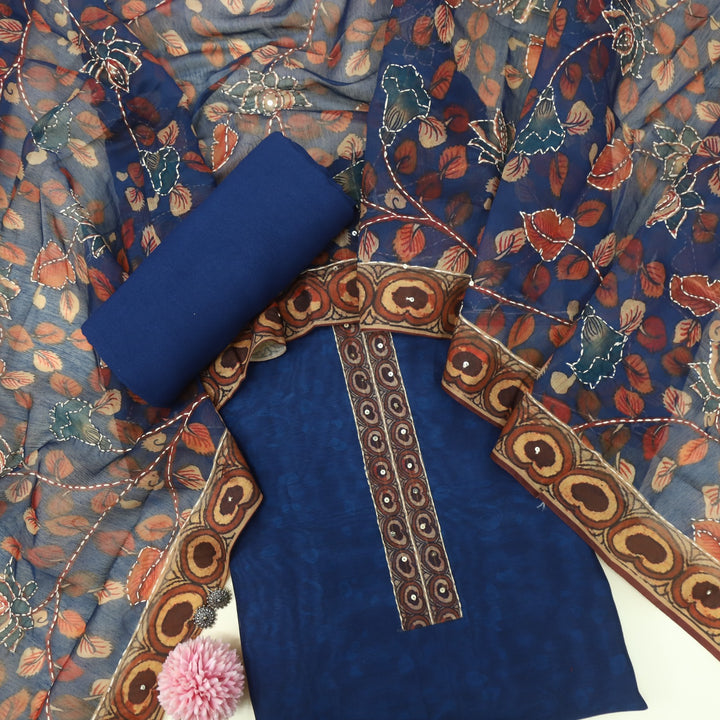 Kohinoor Denim Blue Chanderi Top with Kantha Dupatta