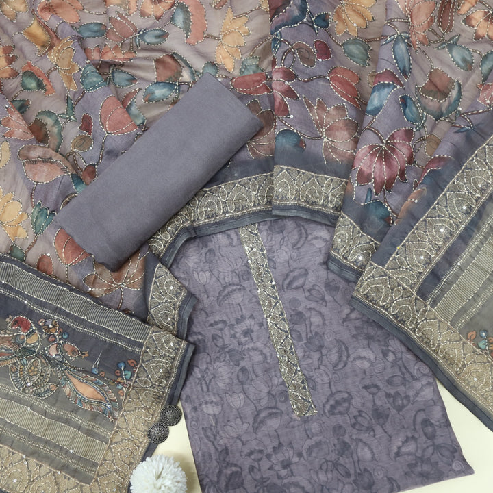 Kohinoor Pebble Grey Chanderi Top with Kantha Dupatta