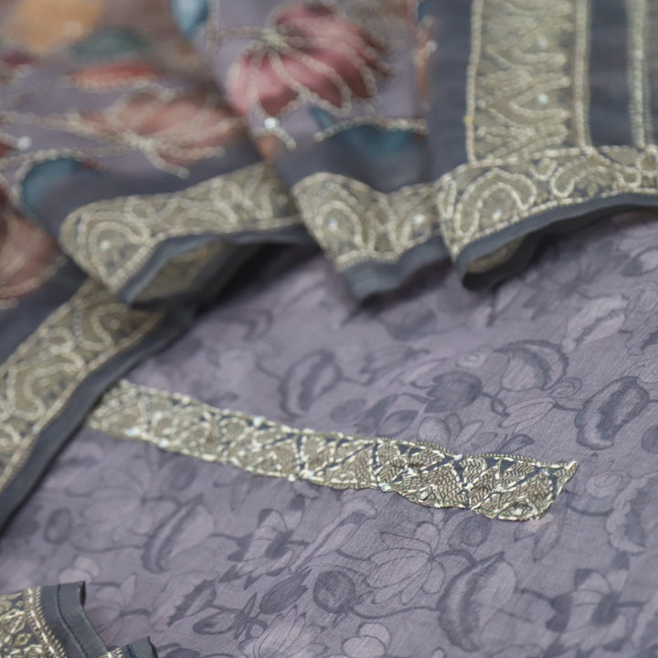Kohinoor Pebble Grey Chanderi Top with Kantha Dupatta