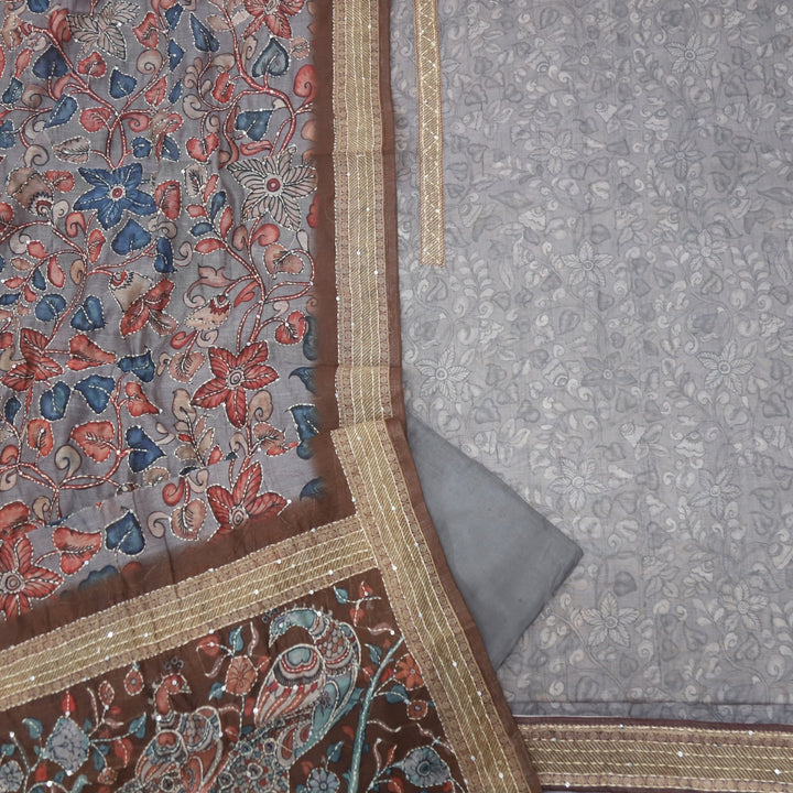 Kohinoor Ash Grey Chanderi Top with Kantha Dupatta
