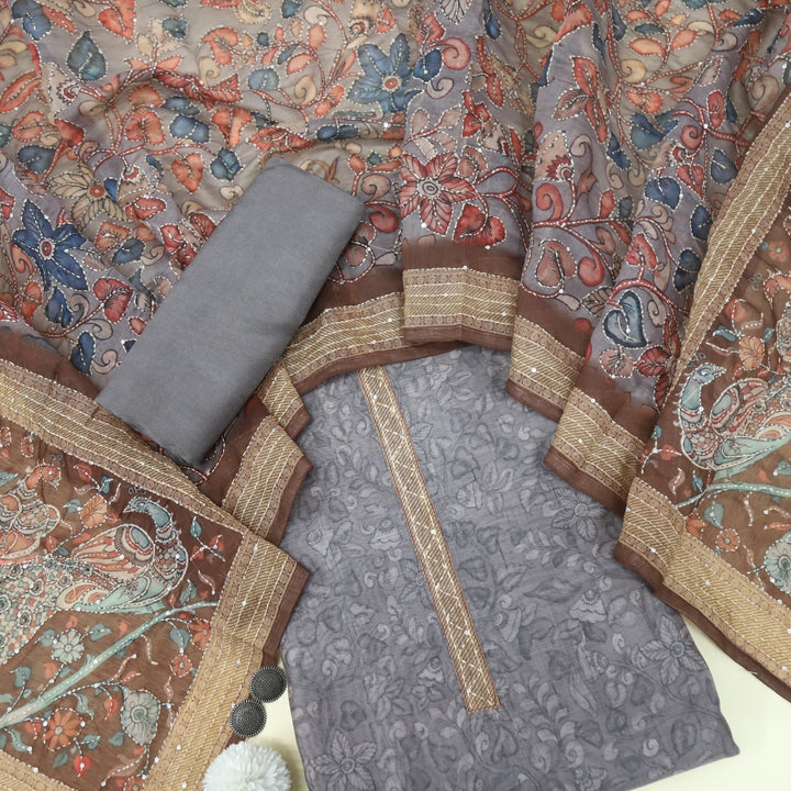 Kohinoor Ash Grey Chanderi Top with Kantha Dupatta