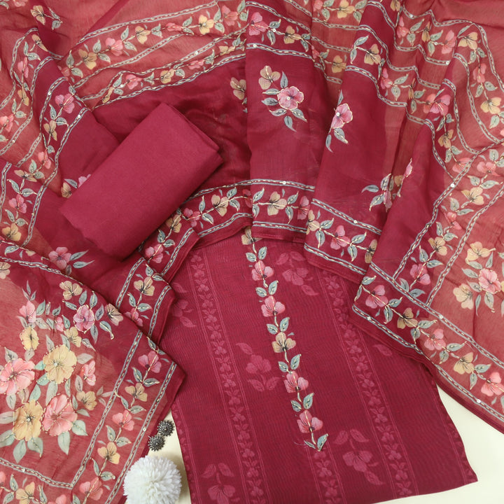 Kohinoor Raspberry Chanderi Top With Kantha Work Chanderi Dupatta